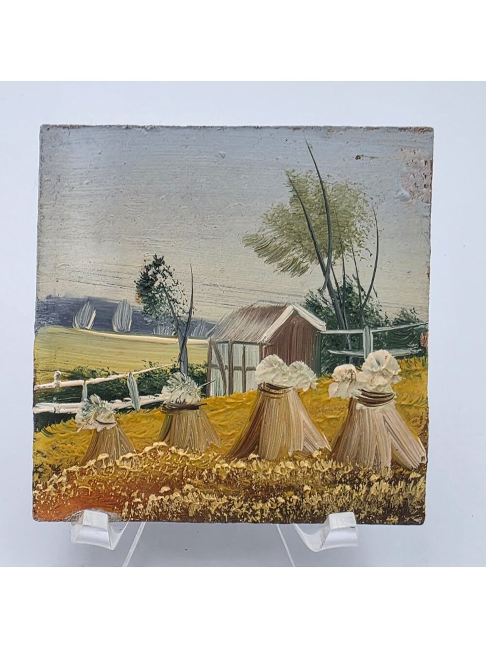 Rustic Farm Landscape Oil Painting Textured Board Haystacks & Barn Scene 3"x3"